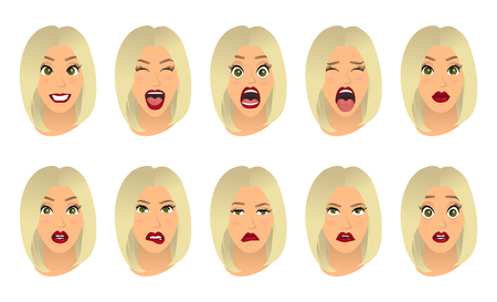 Women facial expressions, gestures, emotions happiness surprise disgust sadness rapture disappointment fear surprise joy smile cry despondency. Vector illustration. Cartoon icons set isolated.のイラスト素材
