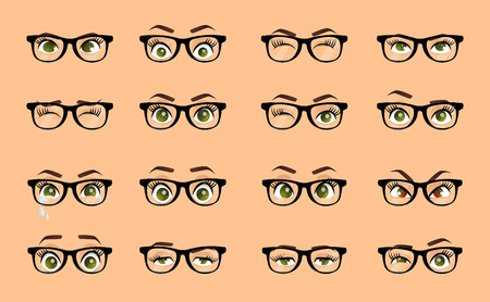 Cartoon female eyes. Illustration. Colored vector closeup eyes with glasses. Female woman eyes and brows image collection set. Emotions eyes. Illustrationのイラスト素材