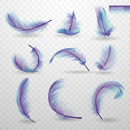 Set of isolated falling colored fluffy twirled feathers on transparent background in realistic style. Light cute feathers design. Elements for design vector illustrationのイラスト素材