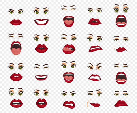 Women facial expressions, gestures, emotions happiness surprise disgust sadness rapture disappointment fear surprise joy, smile cry coquetry cute mouth. Comic emotions. Cartoon icons big set isolated.のイラスト素材