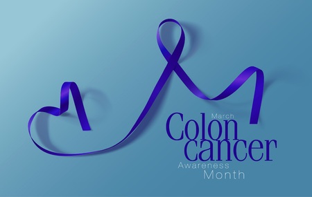 Colon Cancer Awareness Calligraphy Poster Design. Realistic Dark Blue Color Ribbon. March is Cancer Awareness Month. Vector Illustrationのイラスト素材