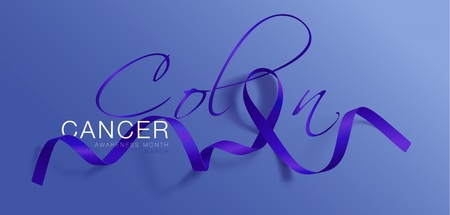 Colon Cancer Awareness Calligraphy Poster Design. Realistic Dark Blue Color Ribbon. March is Cancer Awareness Month. Vector Illustrationのイラスト素材