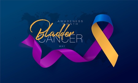 Bladder Cancer Awareness Calligraphy Poster Design. Realistic Marigold And Blue And Purple Ribbon. May is Cancer Awareness Month. Vector Illustrationのイラスト素材