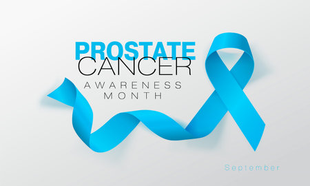 Prostate Cancer Awareness Calligraphy Poster Design. Realistic Light Blue Ribbon. September is...