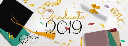 Graduation banner. Background Congrats graduates with objects viewed from above hat with degree paper, books, notebook and pencil, glasses, gold confetti, ribbons and stars. Horizontal poster.のイラスト素材