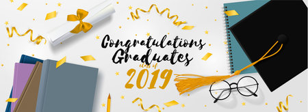 Graduation banner. Background Congrats graduates with objects viewed from above hat with degree paper, books, notebook and pencil, glasses, gold confetti, ribbons and stars. Horizontal poster.