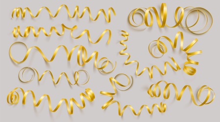 Set of realistic gold ribbons on grey background. Can be used for greeting card, holidays, banners, gifts and etc. Vector illustration.のイラスト素材