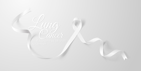 Lung Cancer Awareness Calligraphy Poster Design. Realistic White Ribbon. November is Cancer Awareness Month. Vector Illustrationのイラスト素材