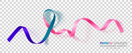Thyroid Cancer Awareness Month. Teal and Pink and Blue Color Ribbon Isolated On Transparent Background. Vector Design Template For Poster.のイラスト素材