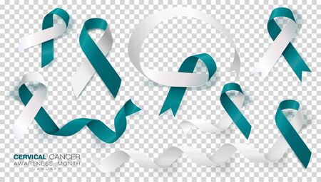 Cervical Cancer Awareness Month. Teal And White Ribbon Isolated On Transparent Background. Vector Design Template For Poster. Illustration.のイラスト素材
