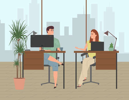People work in a modern office in a business center on a high floor with panoramic glazing.のイラスト素材