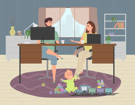 Parents work at home at a computer and laptop while a small child plays with toys and a train nearby sitting on the floor. Work life balance concept with fun cartoon characters.のイラスト素材