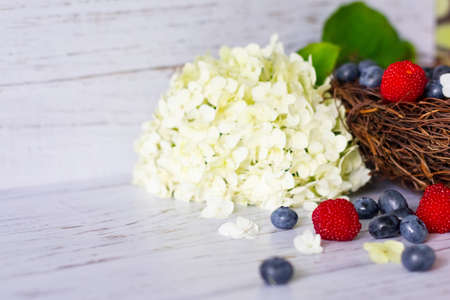 Ripe blueberries and Tibetan raspberries lie in a basket of vinesの写真素材