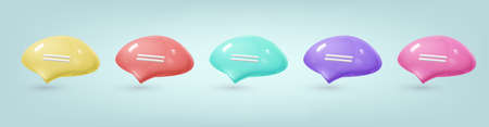 3d plastic speech bubble. Realistic cartoon glossy speech bubble icons in yellow, red, teal, purple, pink colorのイラスト素材