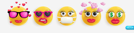 Emotion Realistic 3d Render. Set Icon Smile Emoji. Vector yellow glossy emoticons.のイラスト素材