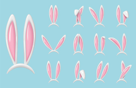3d set of realistic isolated easter bunny ears. Render collection of white hare plastic ears. Funny rabbit ears band for costume design vector illustration of easter rabbit or bunnyのイラスト素材