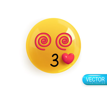 Emoji face dizzy with love. Realistic 3d Icon. Render of yellow glossy color emoji in plastic cartoon style isolated on white background. Vector illustrationのイラスト素材