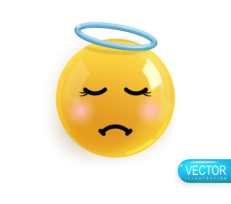 Emoji face of an upset angel. Emotion Realistic 3d Render. Icon Smile Emoji. Vector yellow glossy emoticons.のイラスト素材