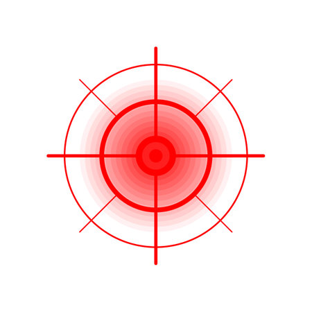 Pain red circle icon. Ache point target radial logo. Vector pain. Ache circle sign for painkiller medicine and pill package designのイラスト素材