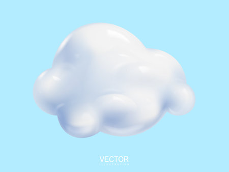 White 3d cloud isolated on a blue background. Render plastic soft round cartoon fluffy cloud icon in the blue sky. 3d geometric shape vector illustrationのイラスト素材