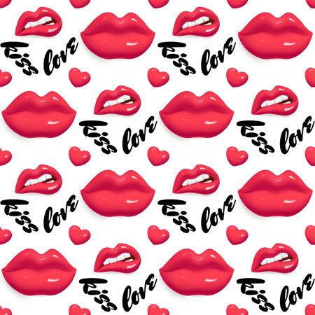 Seamless pattern. Pattern with lips. Seamless wallpaper with 3d lips, heart and lettering.のイラスト素材