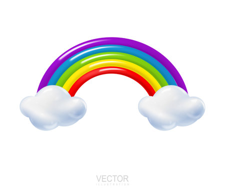 3d rainbow with clouds cartoon style. Weather phenomenon concept. Vector illustration of colorful arc with cloud.のイラスト素材