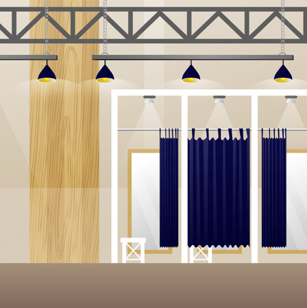 Fitting room in fashion store for try and change clothes. Vector cartoon illustration of boutique dressing room with empty cabins with closed and open curtains and big mirror with light bulbsのイラスト素材