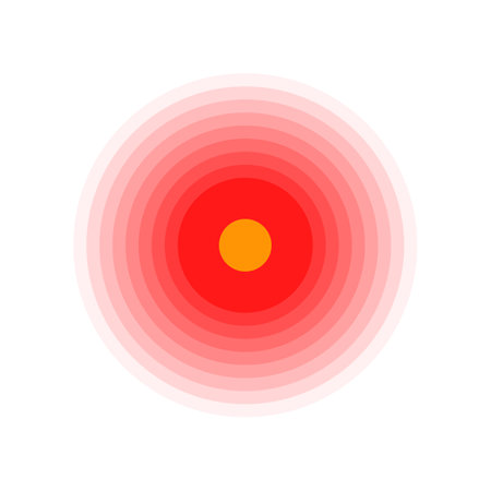 Pain circle red icon for medical painkiller drug medicine. Vector red circles target spot symbol for pill medication design template of body or muscular joint pain and head ache analgetic remedyのイラスト素材
