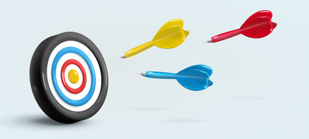 Realistic 3d design target and arrows flying at the target. Banner. Vector illustration. Business...