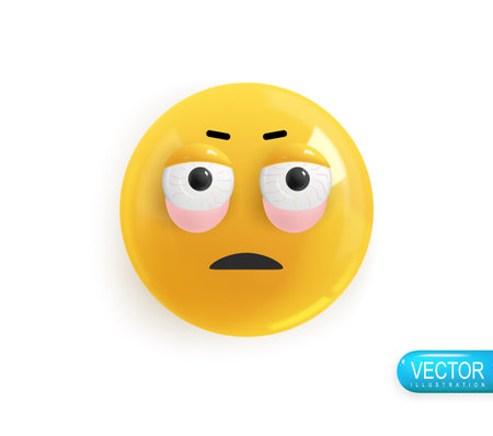 Emoji face with puffy eyes from fatigue. Realistic 3d design. Emoticon yellow glossy color. Icon in plastic cartoon style isolated on white background. Vector illustrationのイラスト素材