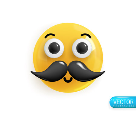Emoji face of a man with a mustache. Realistic 3d design. Emoticon yellow glossy color. Icon in plastic cartoon style isolated on white background. Vector illustrationのイラスト素材