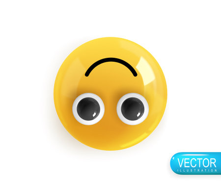 Emoji face flipped over. Realistic 3d Icon. Render of yellow glossy color emoji in plastic cartoon style isolated on white background. Vector illustrationのイラスト素材