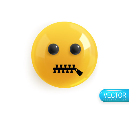 Emoji face offended does not speak. Realistic 3d design. Emoticon yellow glossy color. Icon in plastic cartoon style isolated on white background. Vector illustrationのイラスト素材