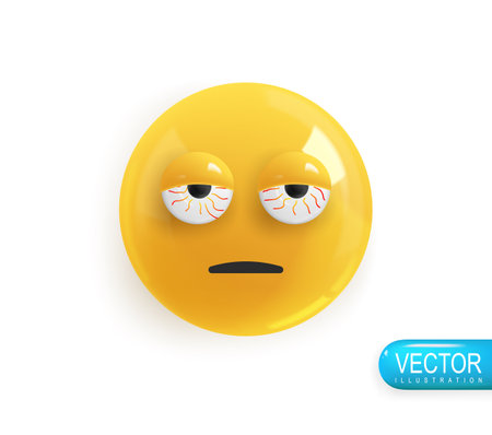 Emoji face tired. Realistic 3d design. Emoticon yellow glossy color. Icon in plastic cartoon style isolated on white background. Vector illustrationのイラスト素材