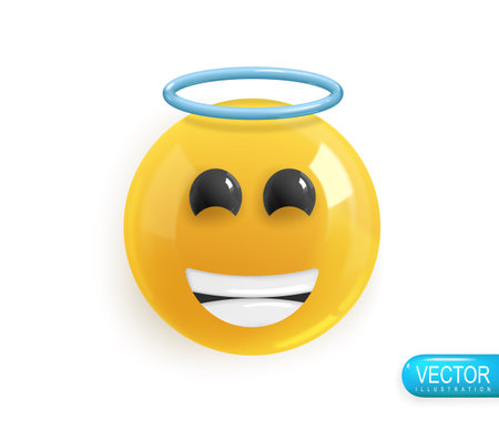 Emoji face happy angel. Realistic 3d design. Emoticon yellow glossy color. Icon in plastic cartoon style isolated on white background. Vector illustrationのイラスト素材