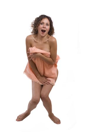 woman have over the barrel. A girl screaming with crazy expression. Stress and frustration. Shouting girl. Isolated over white background. Discrediting situation.の写真素材