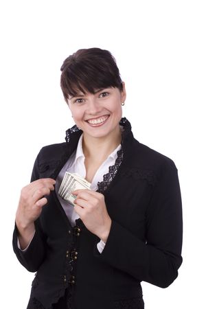 Business woman save up some money and smiling. Businesswoman stash kept secret from other. Girl holding a money and smiling. Isolated over white background.の写真素材