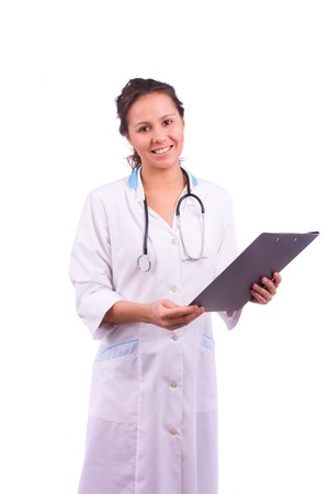 Happy young doctor, nurse or medical student. Smiling female doctor holding some folders. Isolated on white.
の写真素材