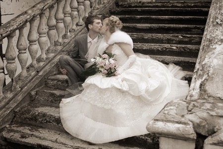 Romantic image of attractive couple. Smiling Newlywed Couple on Wedding Day.newly wed couple enjoy their time. Just married!の写真素材