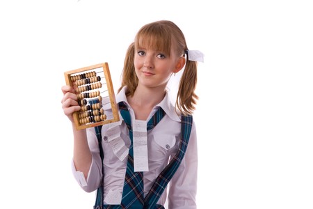 High school student with abacus is hiding crib sheet and in the uniform. High schoolgirl is trying to cheat on the test.  Young female student is going to use cheat using it during math exam.の写真素材