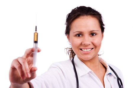 Happy lady doctor with syringeの写真素材