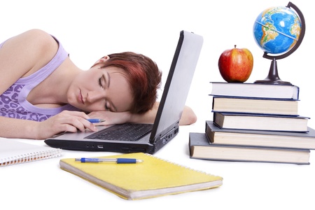 Fall asleep girl done her homeworkの写真素材