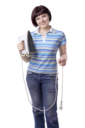 Woman with electric ironの写真素材