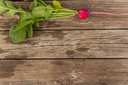 Fresh radish with green leaves on old wooden background. Place for headingの写真素材