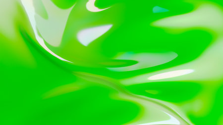 Abstract green background glass wave. Shimmering texture 3d render. Crystalline liquid, glossy glass liquid silk. Plastic design element for banner background, wallpaperの写真素材