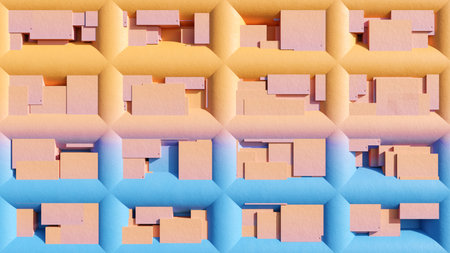 3D orange-blue wall texture, volumetric grid with squares or random bricks. Relief texture of ceramics with natural light and shadows. Abstract creative pattern with a gradientの写真素材