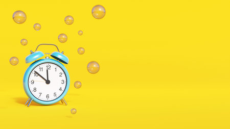 Blue alarm clock surrounded by bubbles or balloons on yellow background. 3D rendering and...
