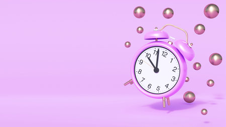 Levitating purple alarm clock surrounded by bubbles or balloons on a pink background. 3D rendering...