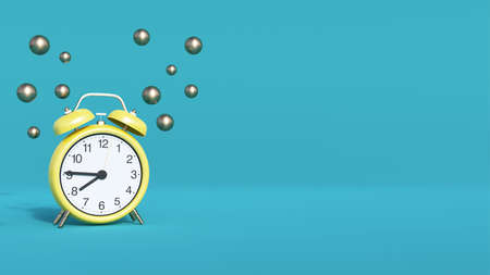 Yellow alarm clock surrounded by bubbles or balloons on a blue background. 3D rendering and photography. Minimalistic still life. creative layout. concept artの写真素材