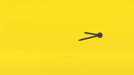 Clock hands close-up on an empty dial with no numbers on a yellow background. Creative conceptual illustration with copy space. 3D renderingの写真素材